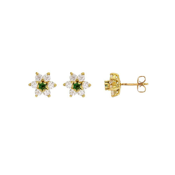 JOYLLIA Boucles d'oreilles Or 750/1000 Boucles d'oreilles fleurs en Or 750/1000 avec oxydes de zirconium et pierre verte émeraude 303492 Boucles d'oreilles fleurs en Or 750/1000 avec oxydes de zirconium et pierre verte émeraude - JOYLLIA