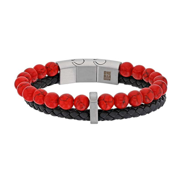 one man show Bracelet Acier Bracelet 2 rangs, cuir de bovin noir et pierres synthétiques rouges 3180158R Bracelet 2 rangs, cuir de bovin noir et pierres synthétiques rouges - JOYLLIA