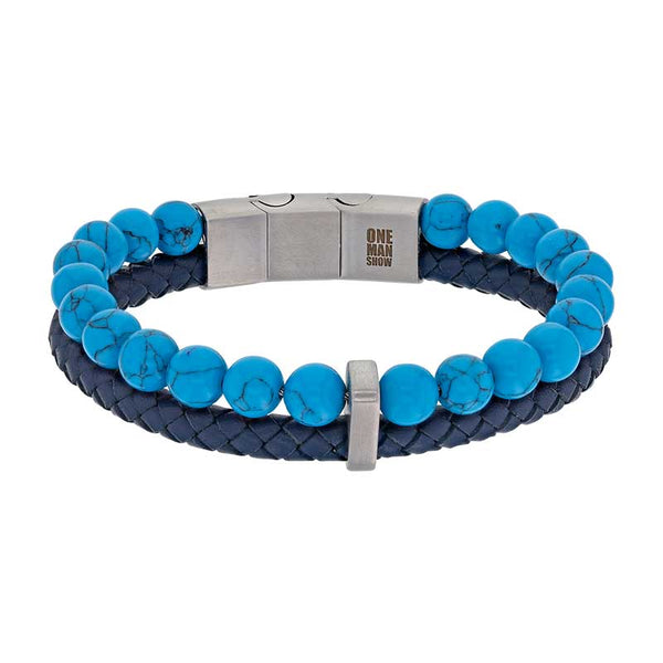 one man show Bracelet Acier Bracelet homme 2 rangs, cuir de bovin bleu et pierres synthétiques turquoises 3180158T Bracelet homme 2 rangs, cuir de bovin bleu et pierres synthétiques turquoises - JOYLLIA