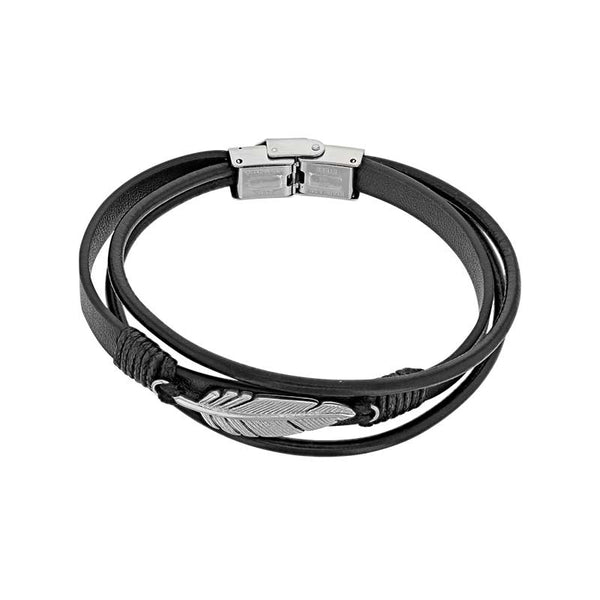 one man show Bracelet Acier Bracelet homme 3 rangs Cuir de bovin noir finition nubuck fermoir et plume en acier 3180154 Bracelet homme 3 rangs Cuir de bovin noir finition nubuck fermoir et plume en acier - JOYLLIA