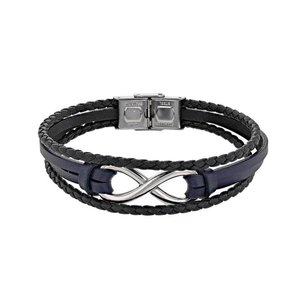 one man show Bracelet Acier Bracelet homme cuir de bovin bleu et noir avec signe Infini et fermoir en acier 318037 Bracelet homme cuir de bovin bleu et noir avec signe Infini et fermoir en acier - JOYLLIA