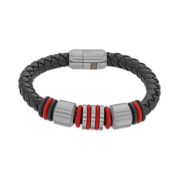 one man show Bracelet Acier Bracelet homme Cuir de bovin tressé finition nubuck noir fermoir Acier anneaux Caoutchouc rouge et noir 3180151 Bracelet homme Cuir de bovin tressé finition nubuck noir fermoir Acier anneaux Caoutchouc rouge et noir - JOYLLIA